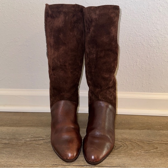 Suede Leather Calf-length Brown Slip On Western Riding Boots Size 7 - Picture 2 of 12